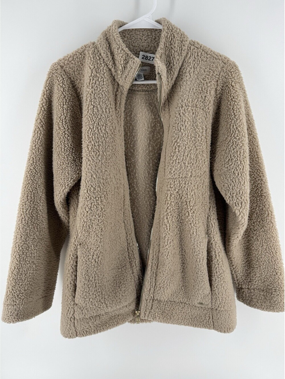 Calvin Klein Jacket Womens Large Tan Sherpa Fleece Full Zip Mock Neck Beige